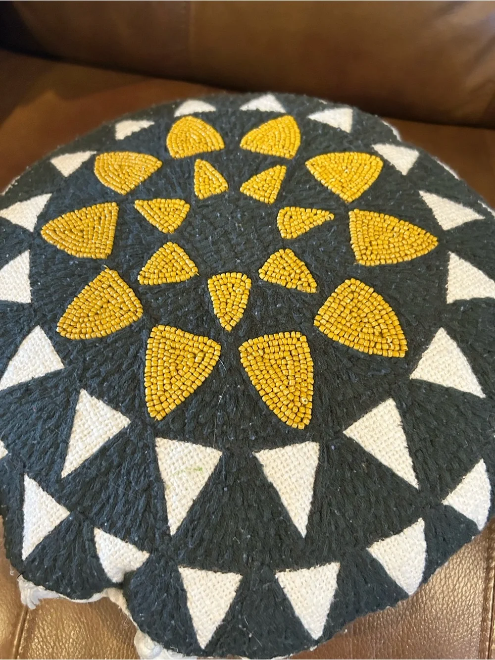 Two Round Decorative Pouf Cushion with Geometric Beadwork-Black, White & Mustard - Picture 6 of 8